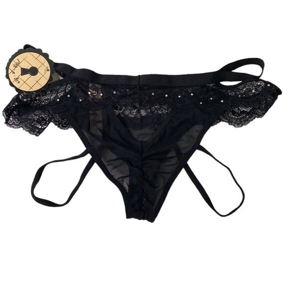 Honeydew Intimates Peek-A-Dew Lucy Hipster Black Lace Mesh Thong Strappy Panty - Picture 3 of 12